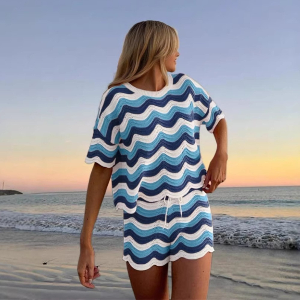 Fashion Ripple Striped Hollow  - Summer Short Set avis et prix