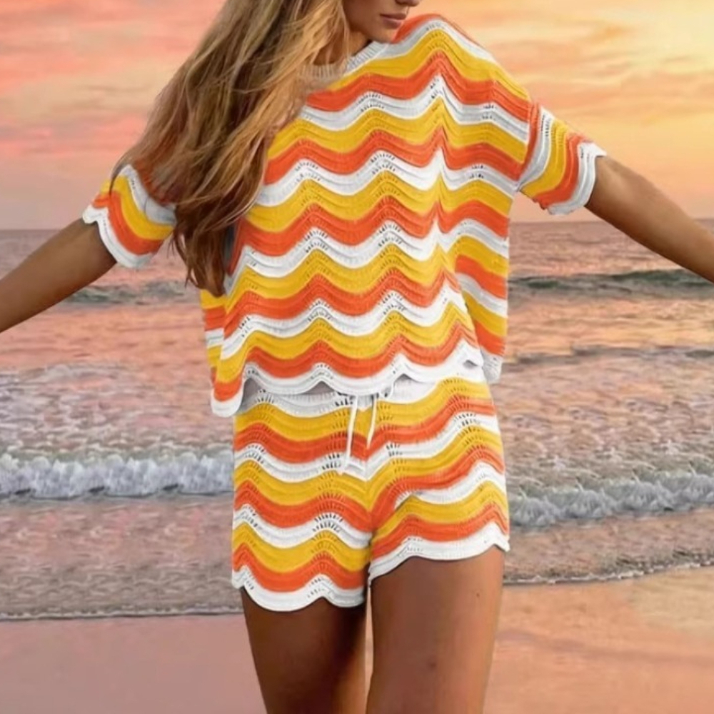 Fashion Ripple Striped Hollow  - Summer Short Set avis et prix